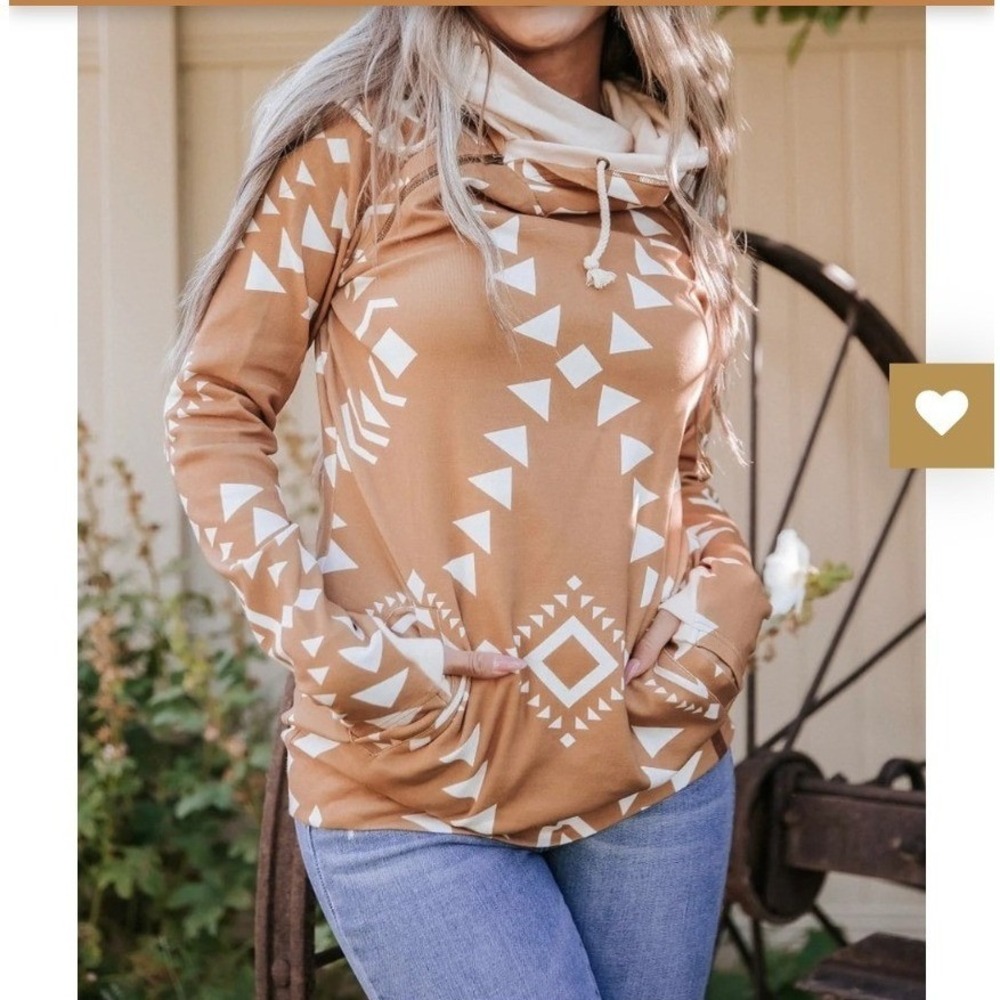 Ampersand Avenue Aztec Double Hood Sweatshirt Womens XL Mustard Boho Southwest